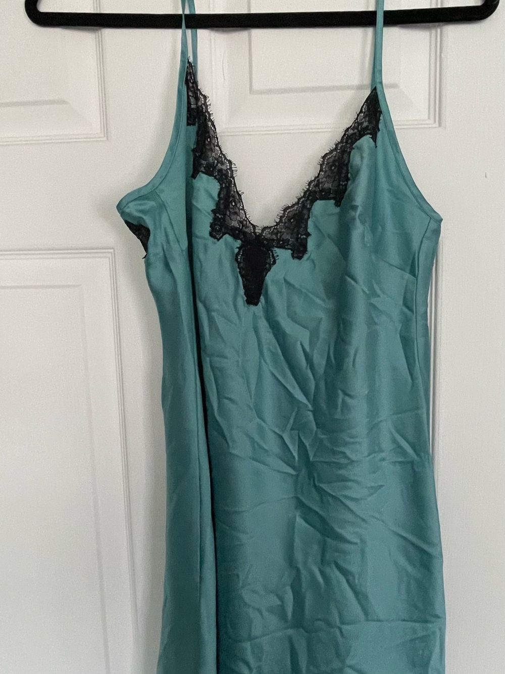 Victoria's Secret Teal Satin Slip with Black Lace Trim